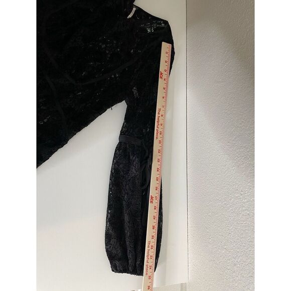 FREE PEOPLE Size M Ruby Black Lace Mini Dress Long Sleeve Sheer Fit Flare - Picture 11 of 12